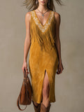 Western-style Retro Embroidered Brown Tassel Sleeveless Faux Suede Midi Dress