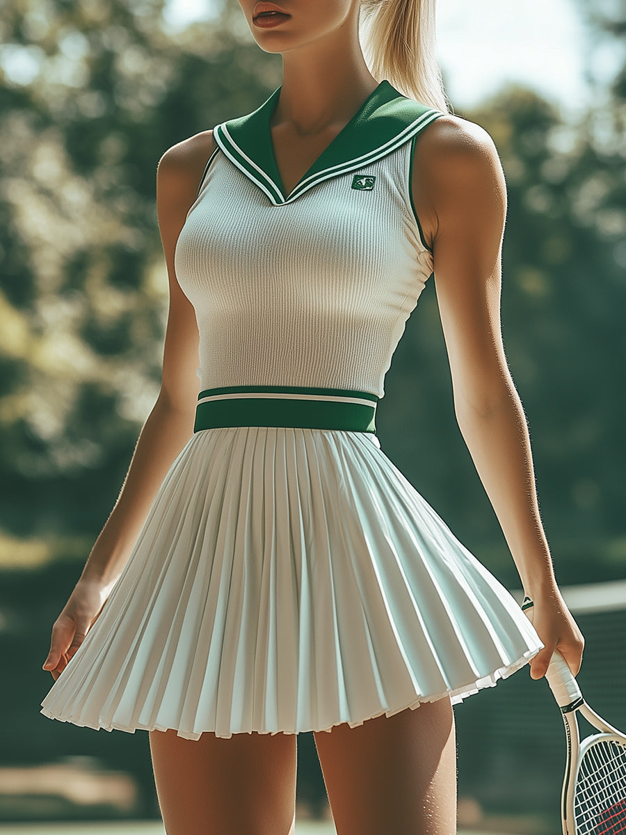 ¡¾24-hour shipping out¡¿Fashionable Preppy Style White And Green Contrast Striped Sleeveless Mini Dress