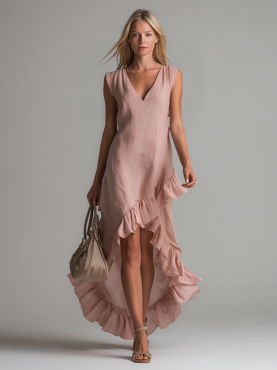 Casual And Comfortable V-neck Sleeveless Ruffled Maxi Dress