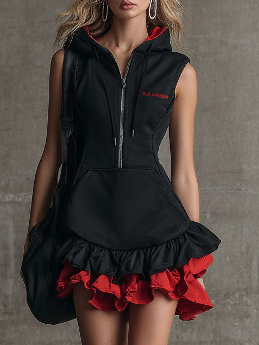 Sporty Retro Embroidered Red Ruffled Black Sleeveless Hooded Mini Dress