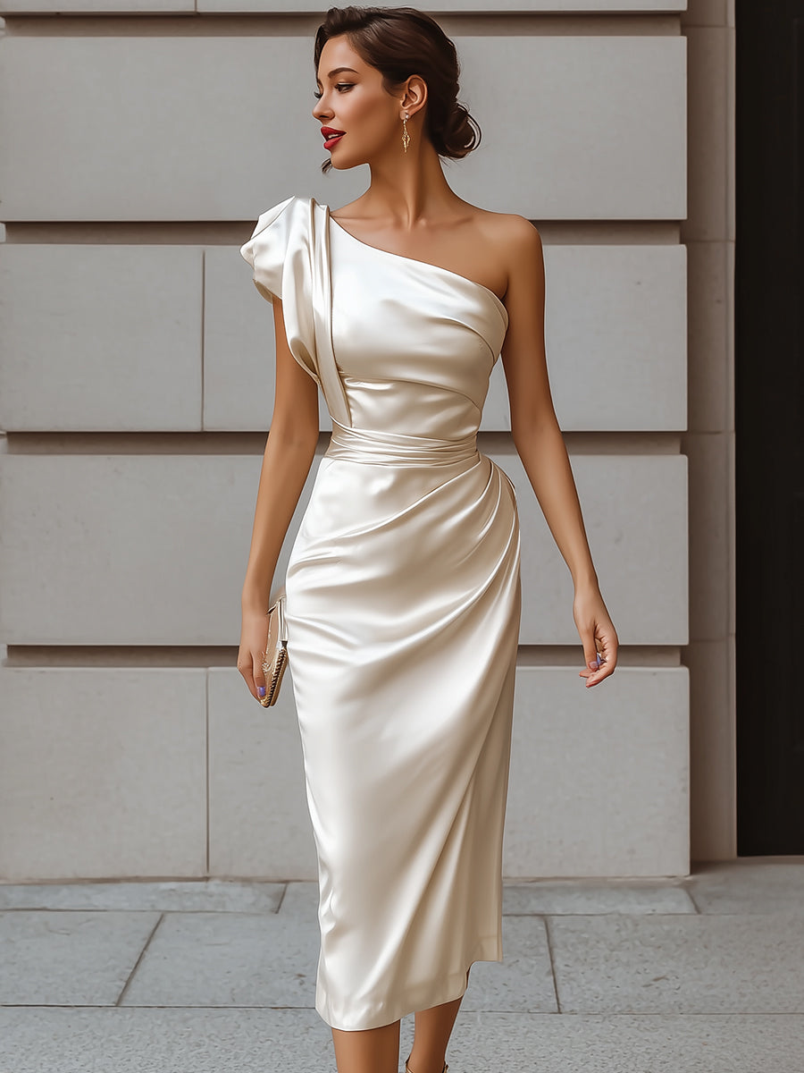 Elegant One-Shoulder Satin Midi Dress