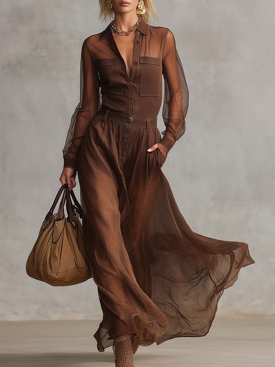 Vintage Western Front Button V-neck Long-sleeved Organza Stitching Brown Cotton Maxi Dress