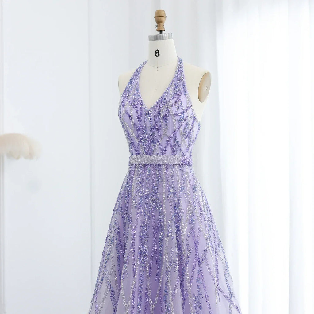 Beaded Halter A-Line Tulle Evening Dresses