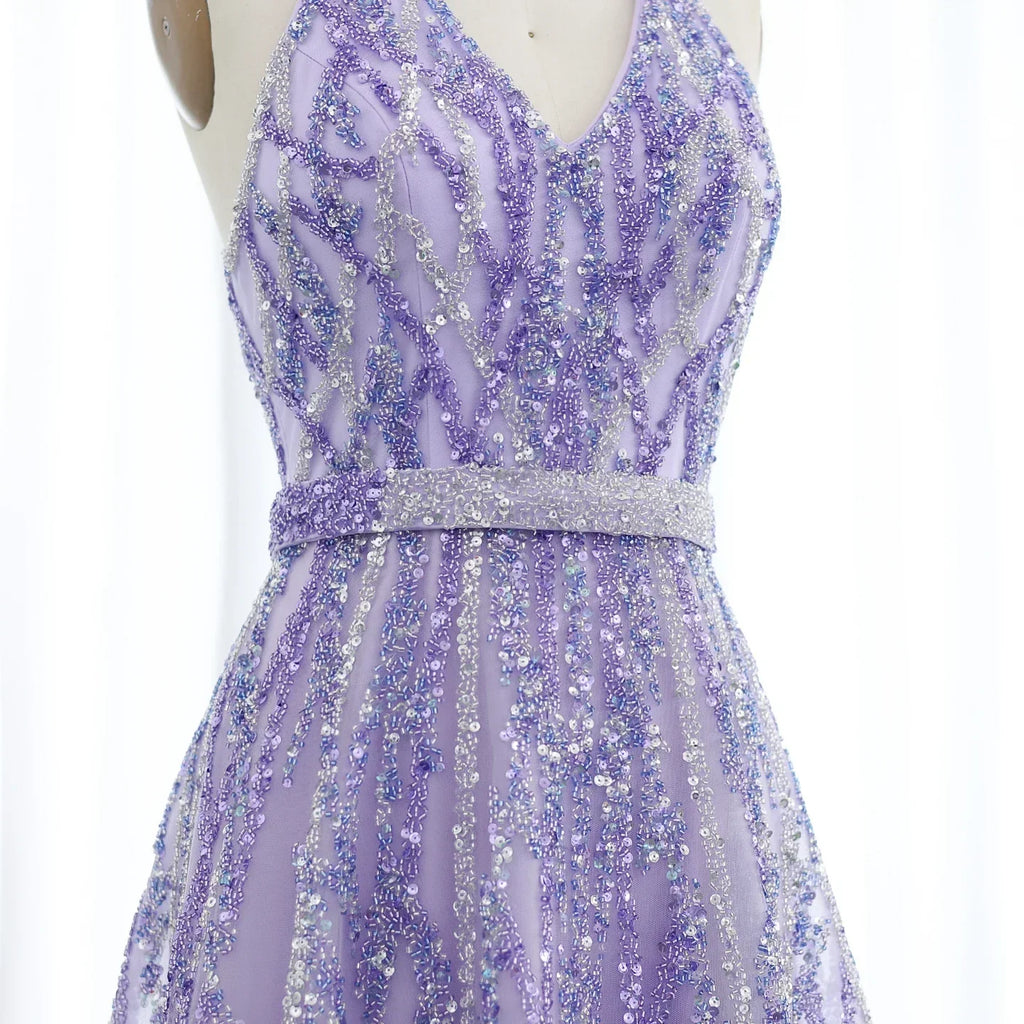 Beaded Halter A-Line Tulle Evening Dresses