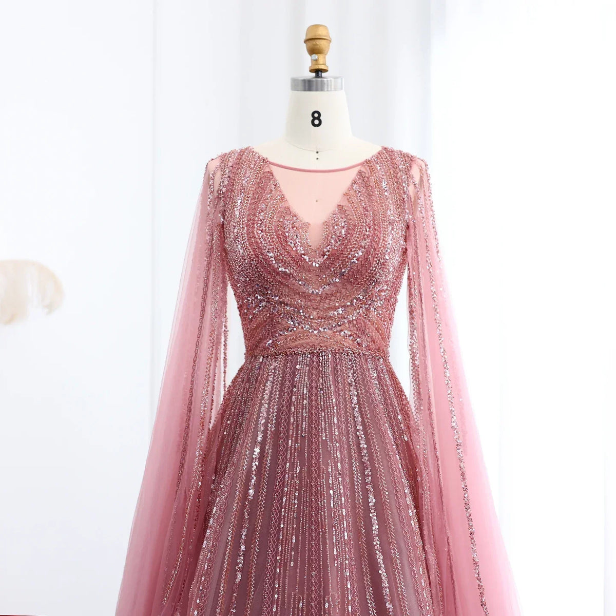 Tulle Sweep Train Crystal Evening Dress