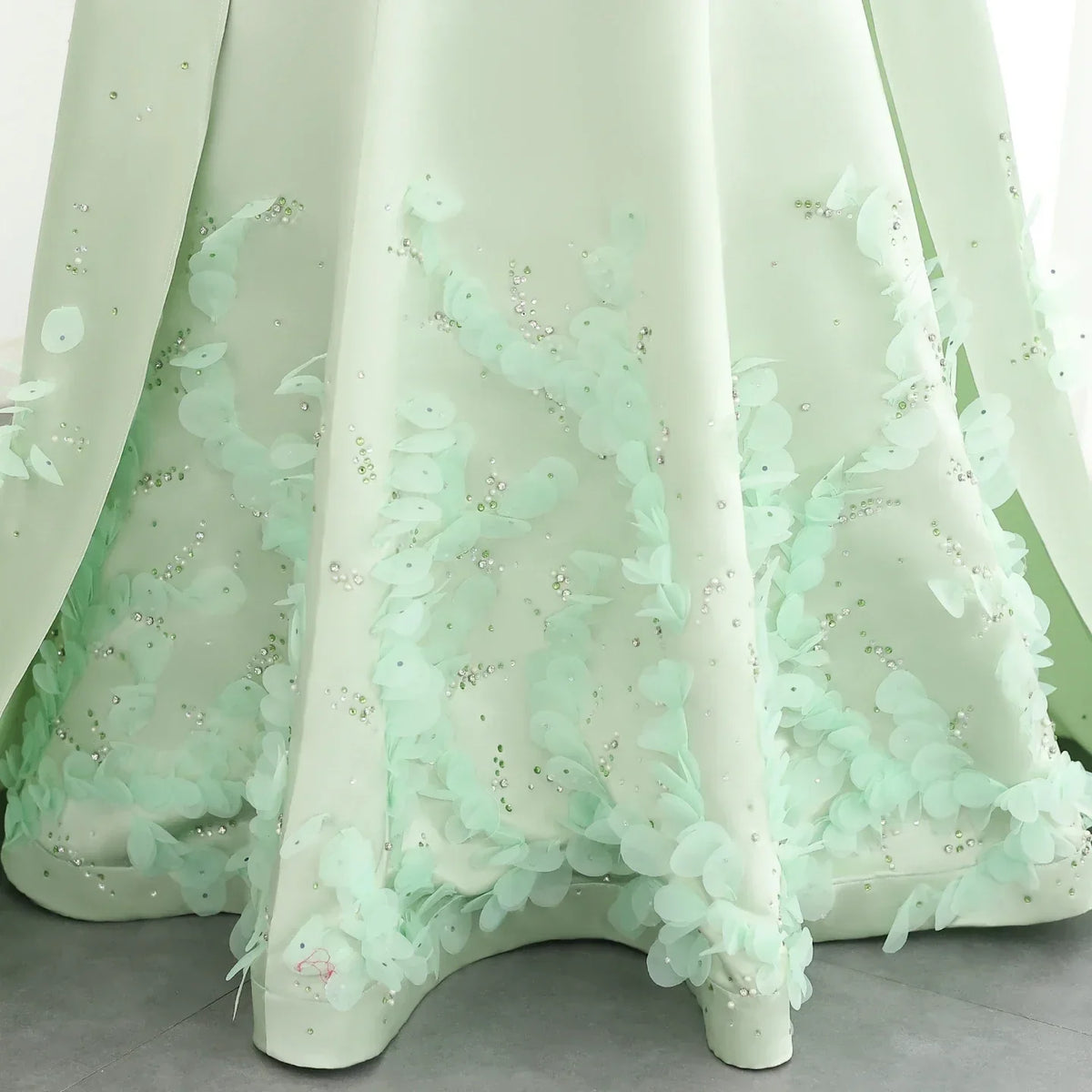 Crystal 3D flower Sage Green Satin Dress with Cape