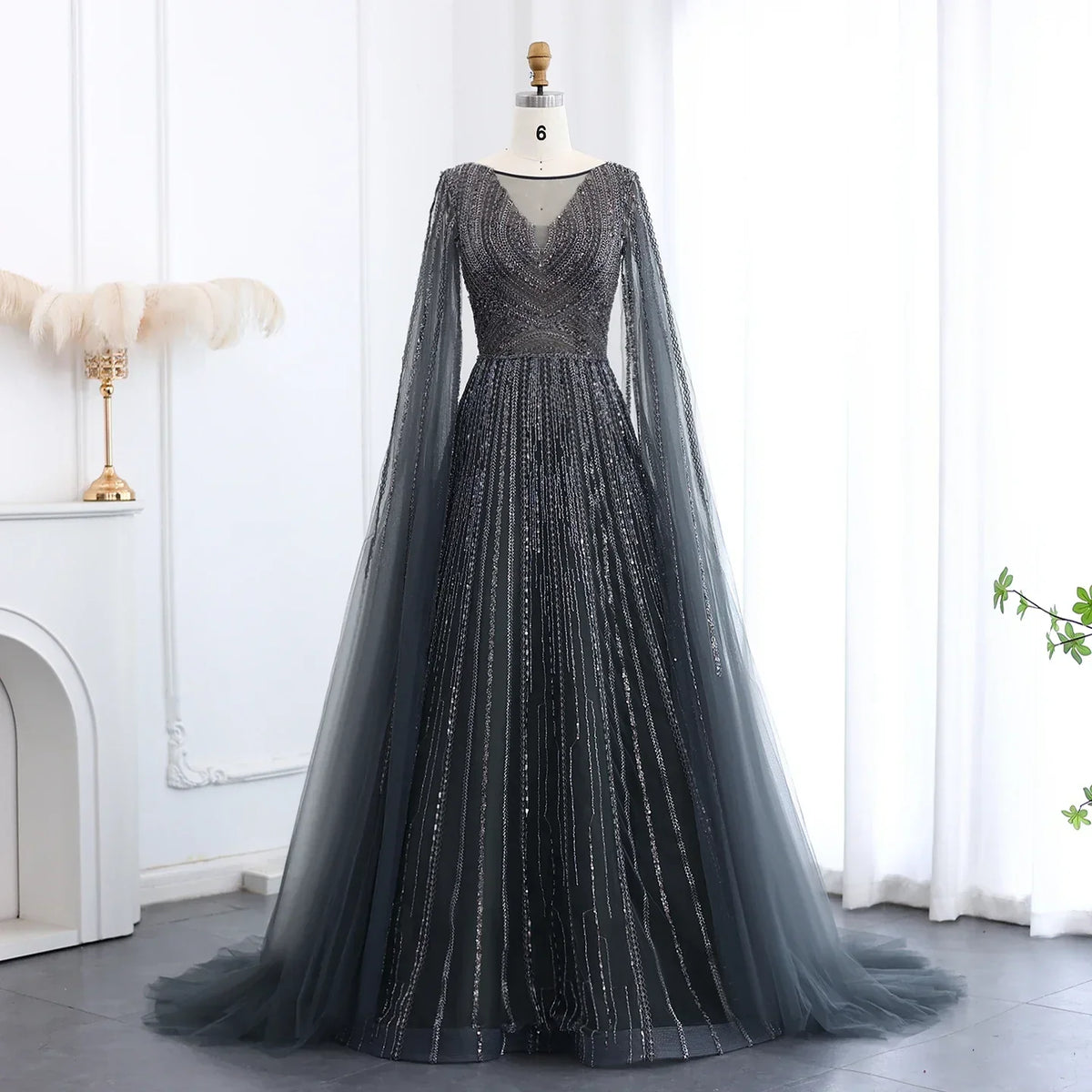 Tulle Sweep Train Crystal Evening Dress