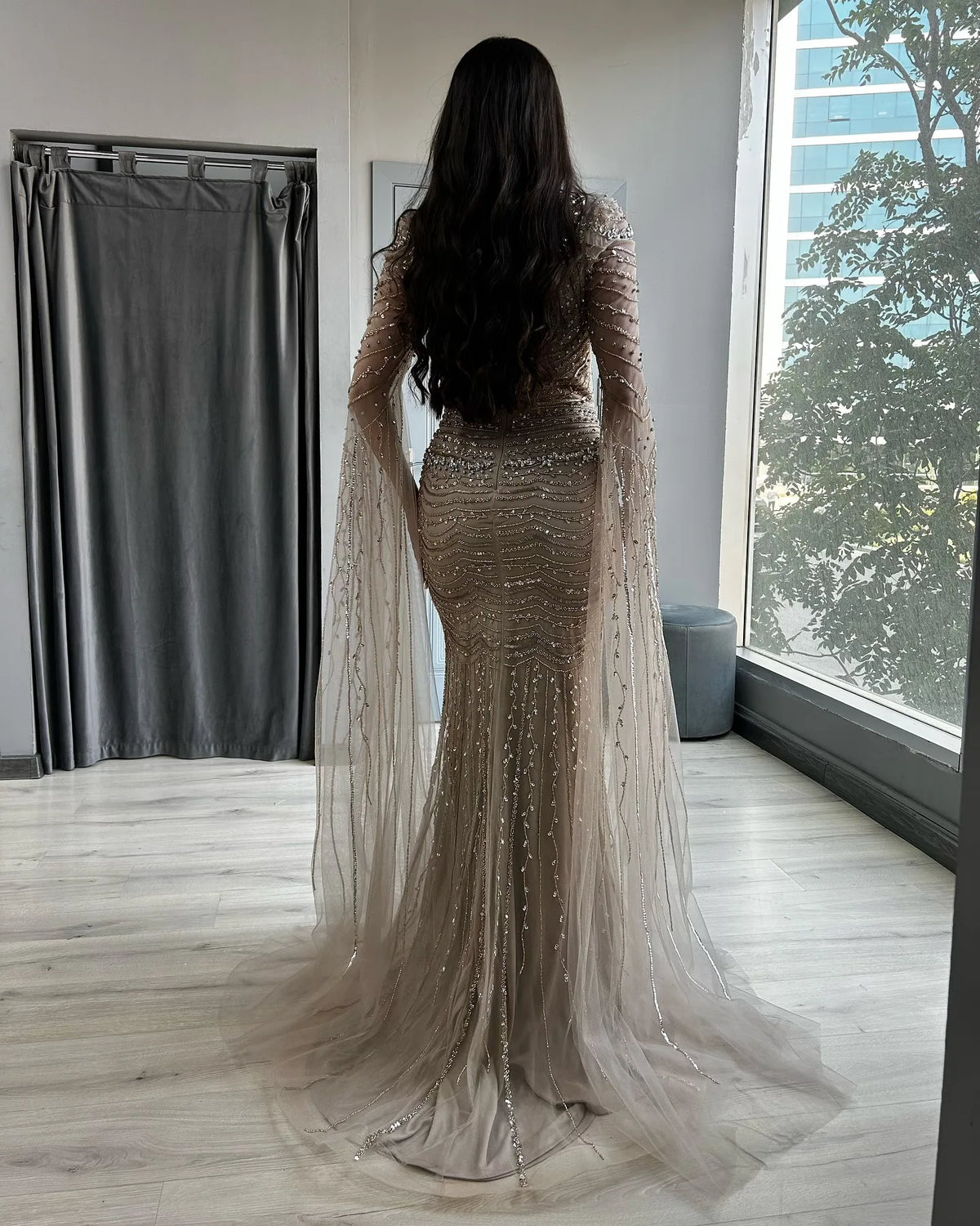 Caramel Square Neck Mermaid Evening Dress Cape Sleeves