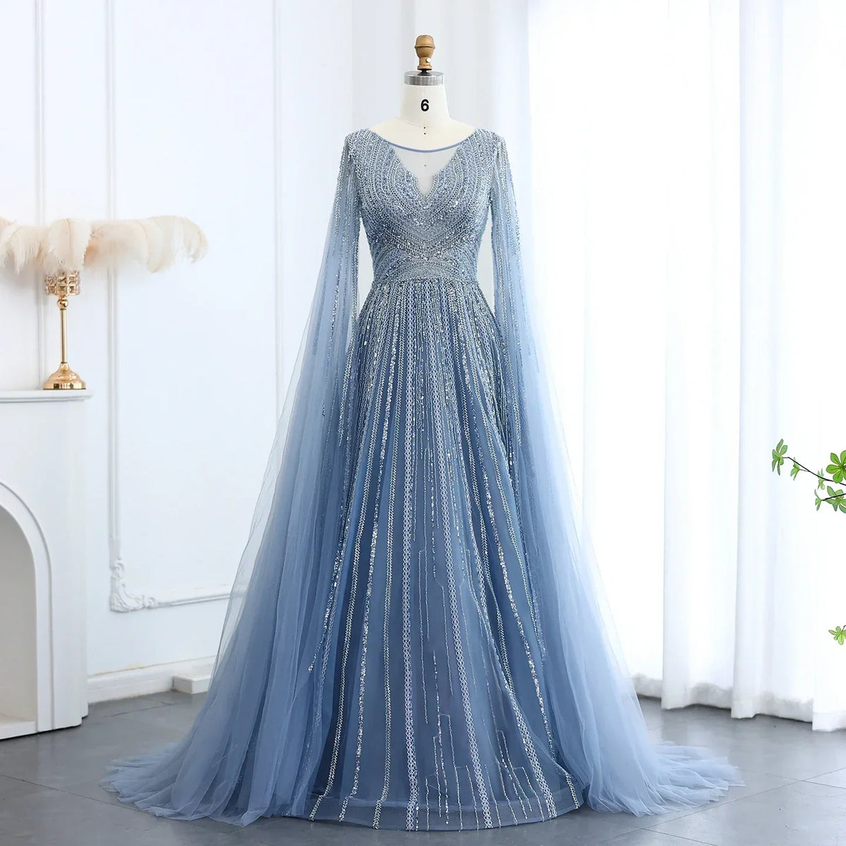 Tulle Sweep Train Crystal Evening Dress