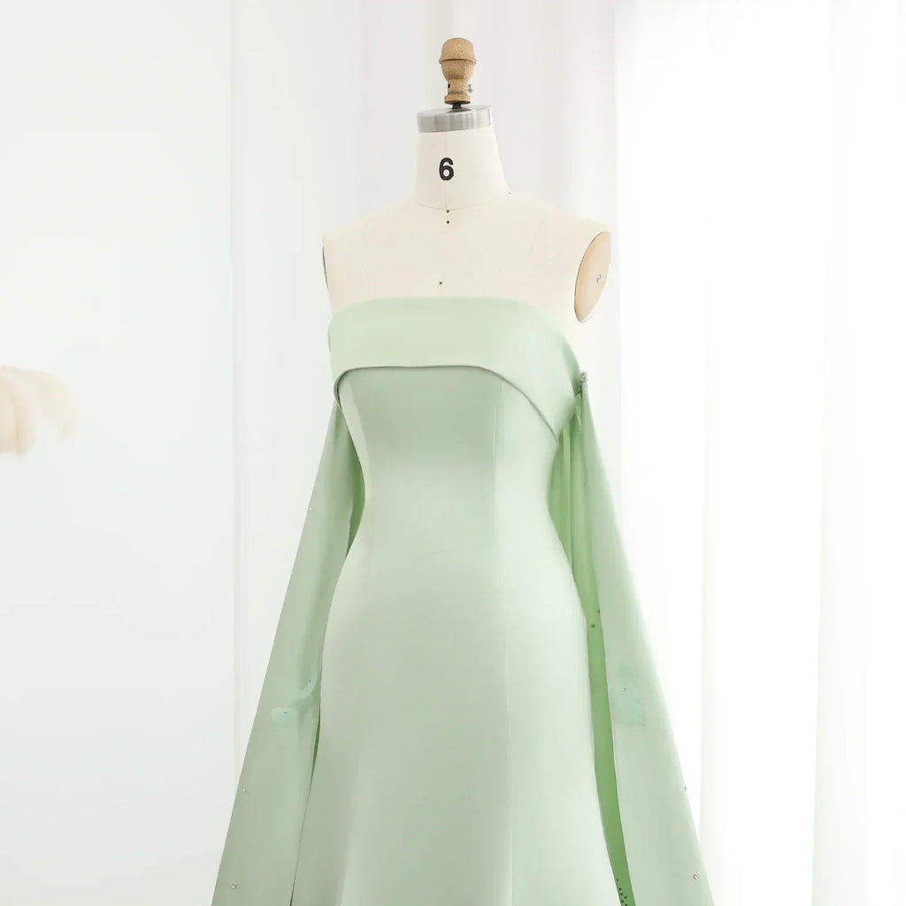 Crystal 3D flower Sage Green Satin Dress with Cape