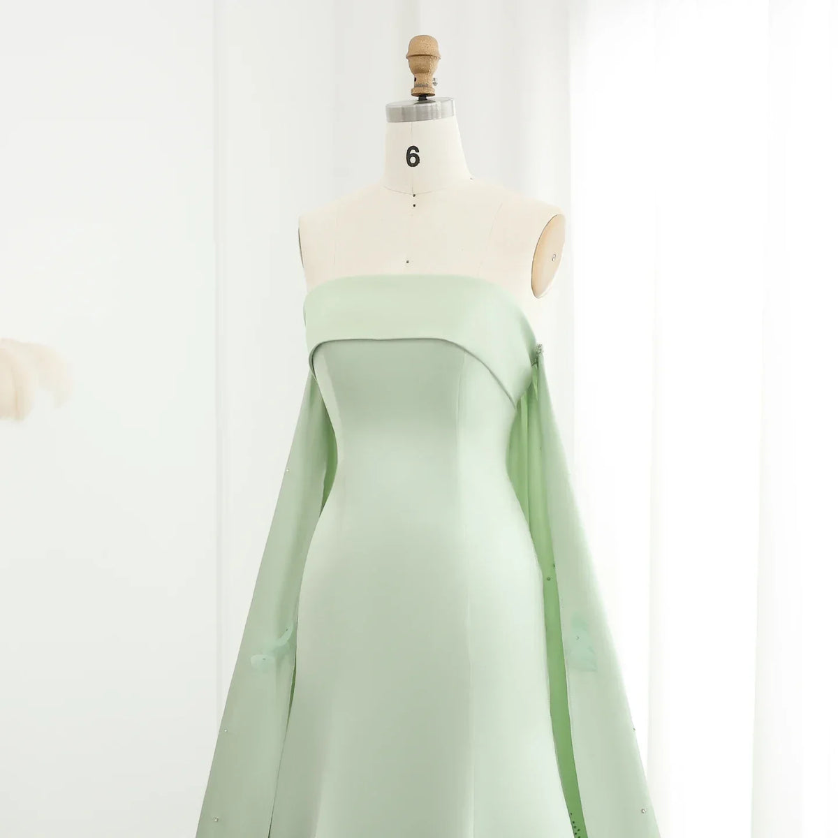 Crystal 3D flower Sage Green Satin Dress with Cape