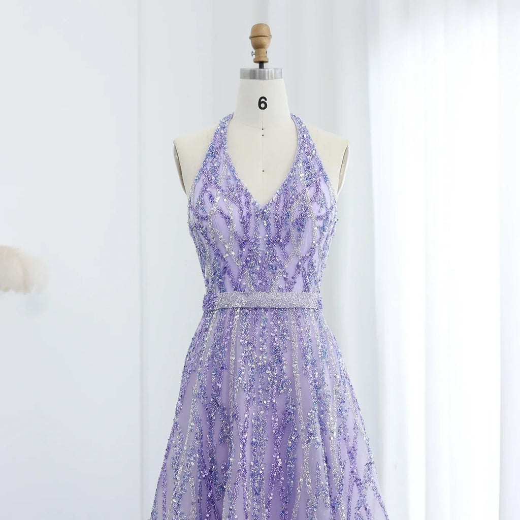 Beaded Halter A-Line Tulle Evening Dresses
