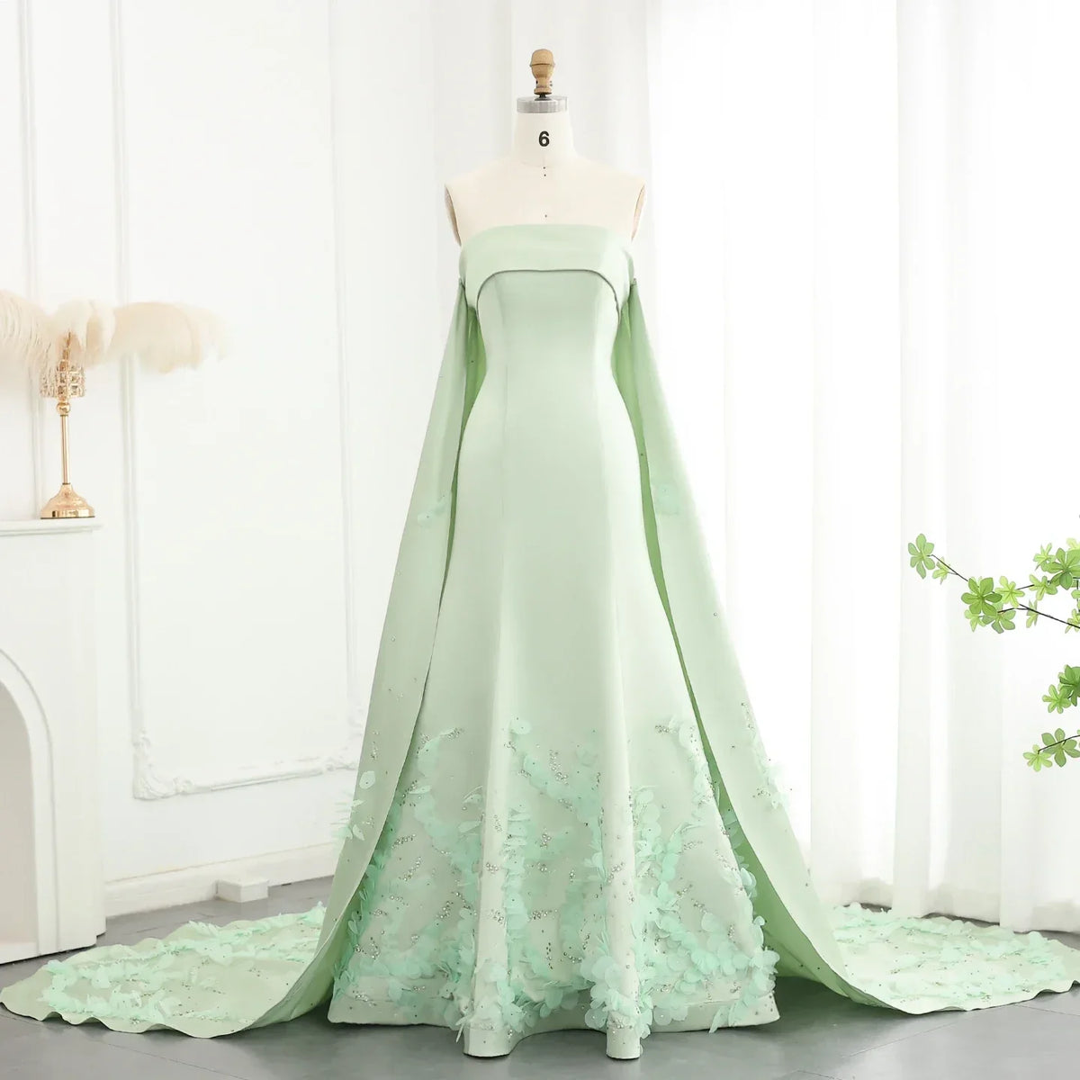 Crystal 3D flower Sage Green Satin Dress with Cape