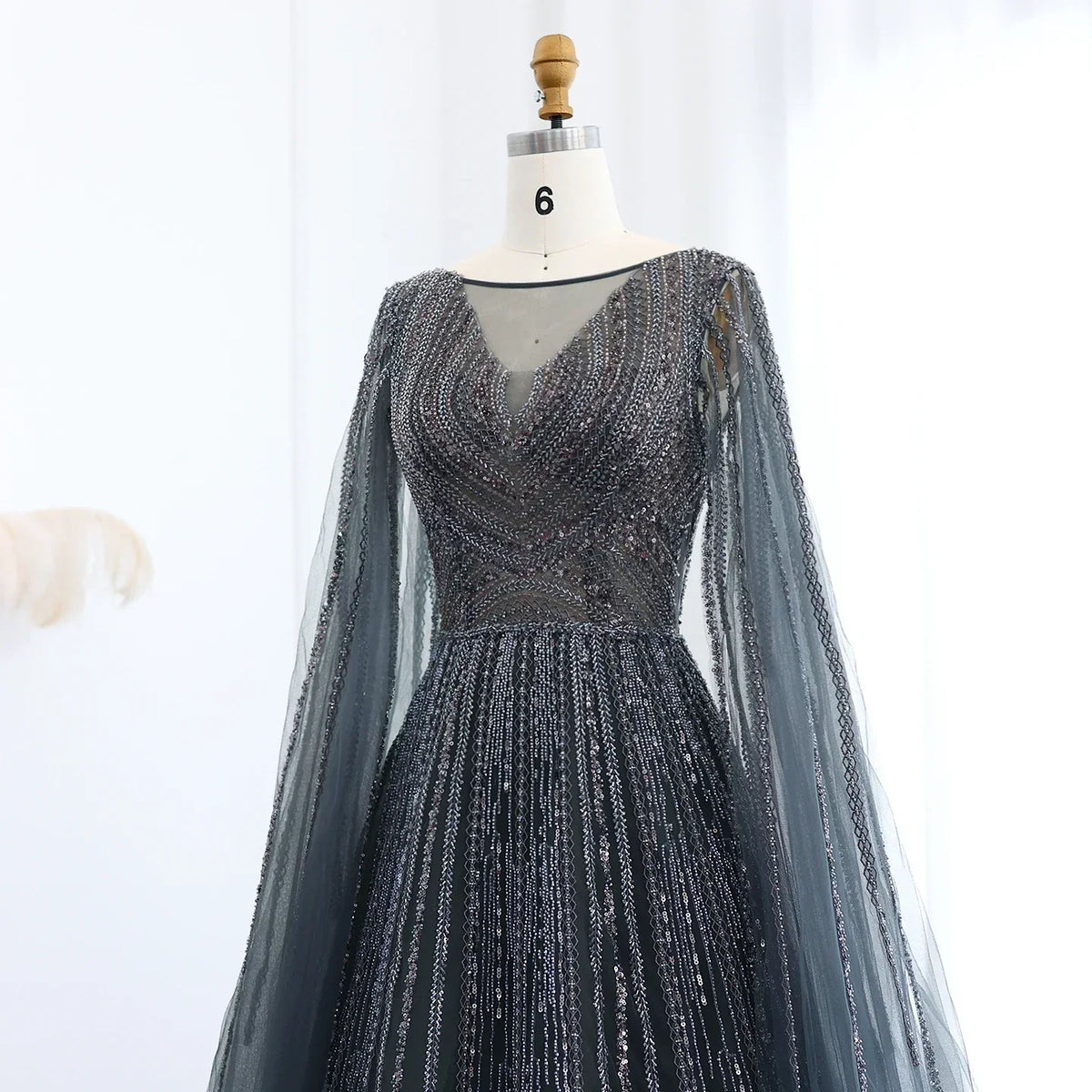 Tulle Sweep Train Crystal Evening Dress