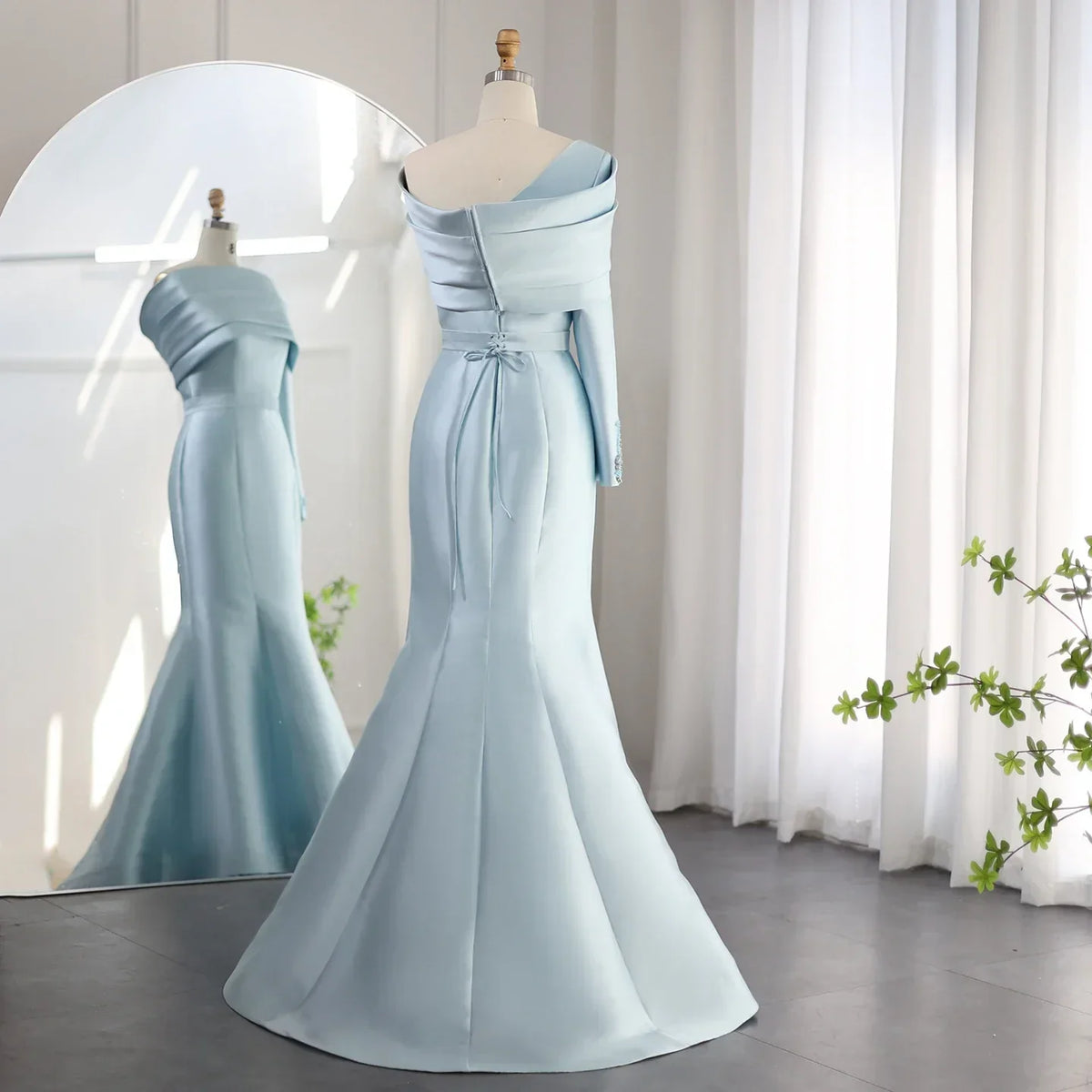 One-Shoulder Mermaid Evening Dress with Cape Beaded