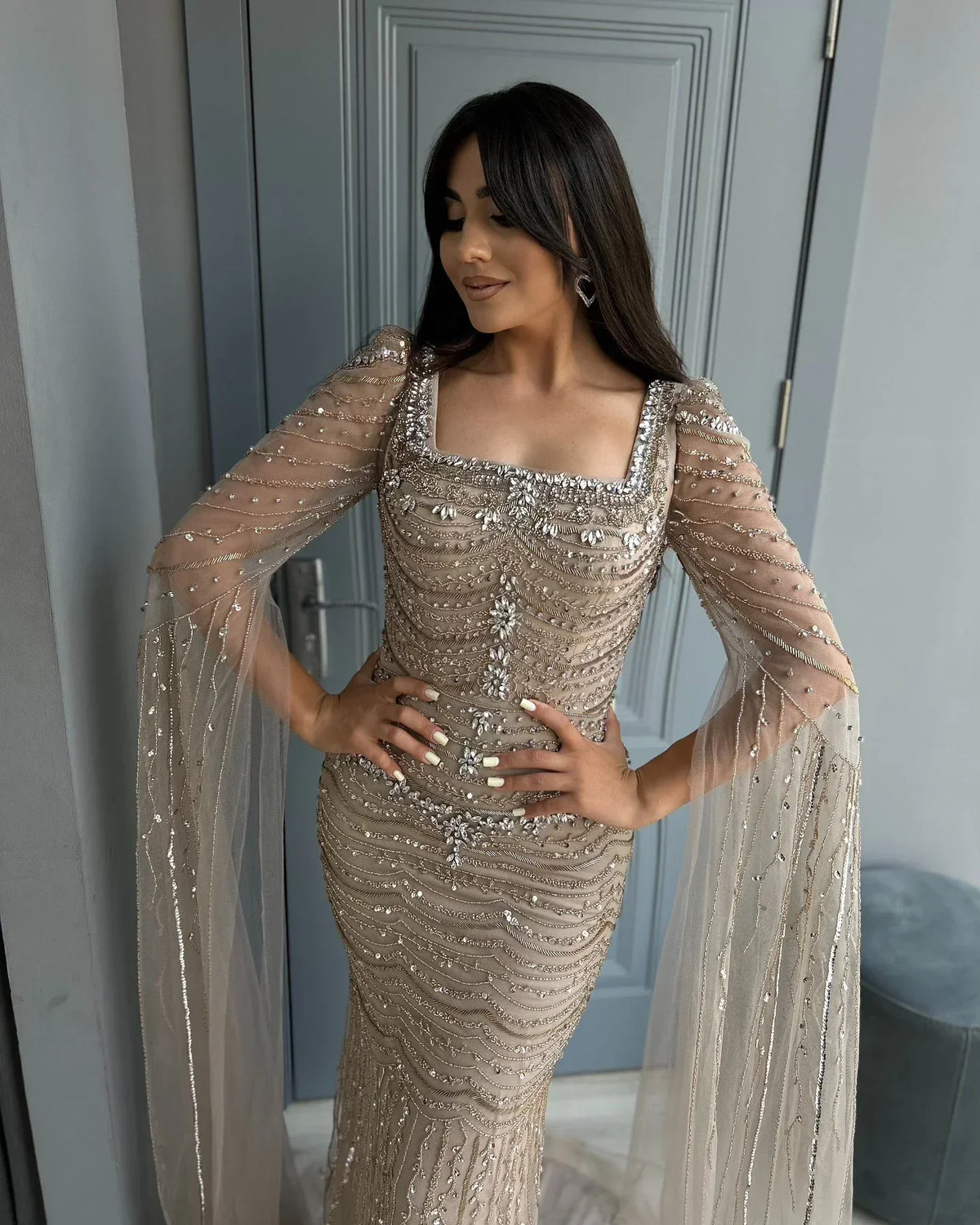 Caramel Square Neck Mermaid Evening Dress Cape Sleeves