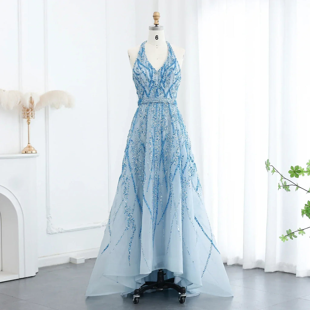 Beaded Halter A-Line Tulle Evening Dresses