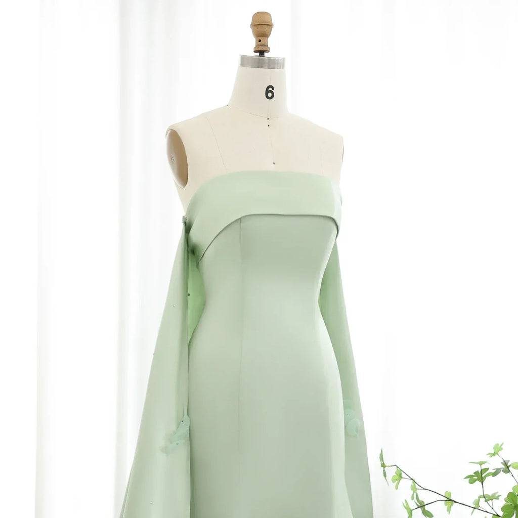 Crystal 3D flower Sage Green Satin Dress with Cape