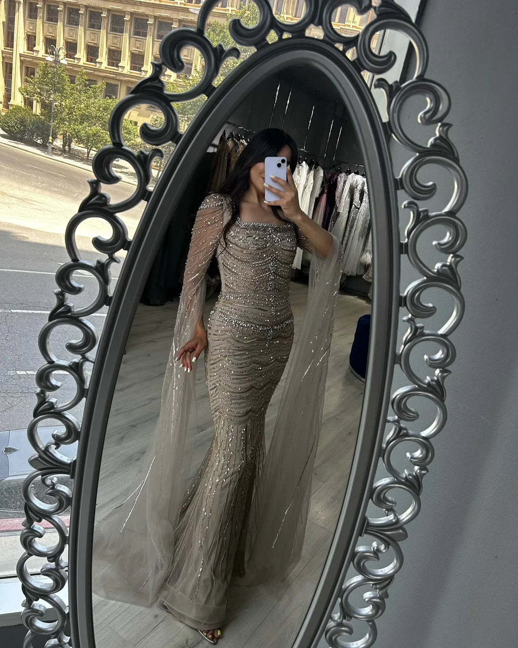 Caramel Square Neck Mermaid Evening Dress Cape Sleeves