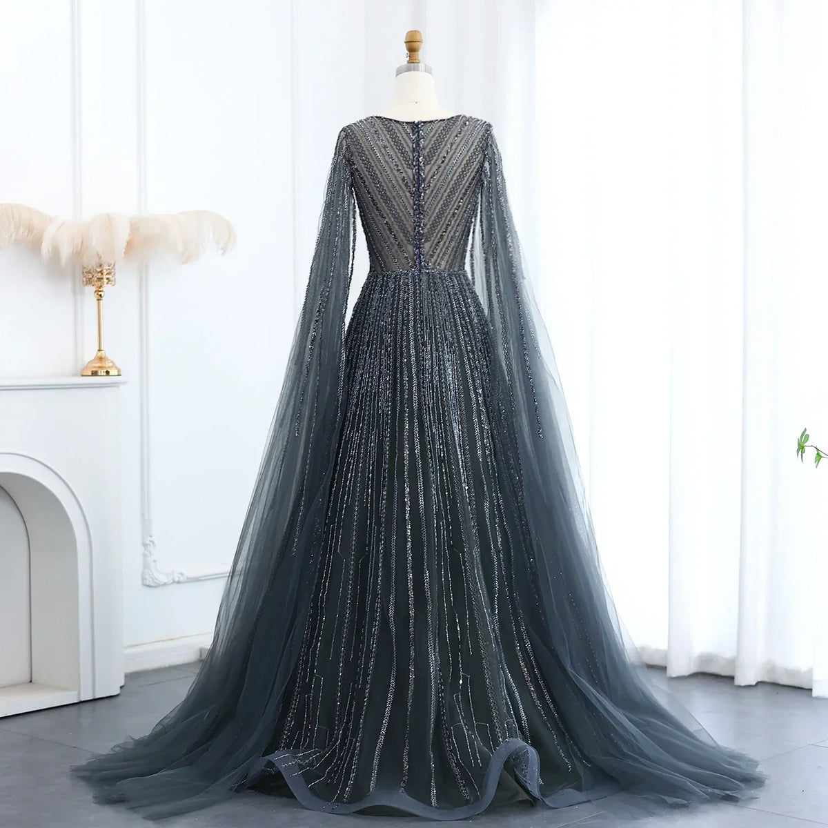 Tulle Sweep Train Crystal Evening Dress