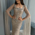 Caramel Square Neck Mermaid Evening Dress Cape Sleeves
