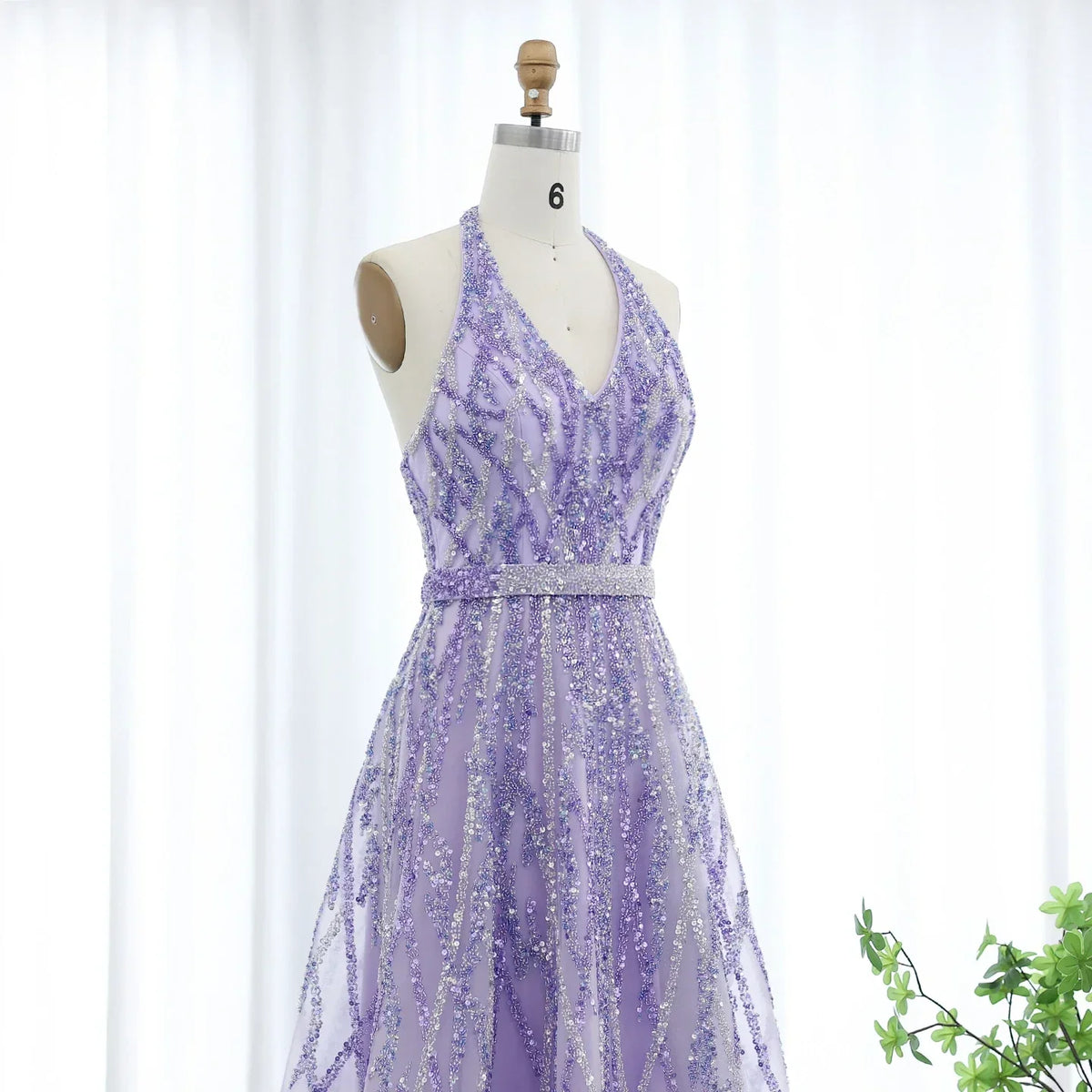 Beaded Halter A-Line Tulle Evening Dresses