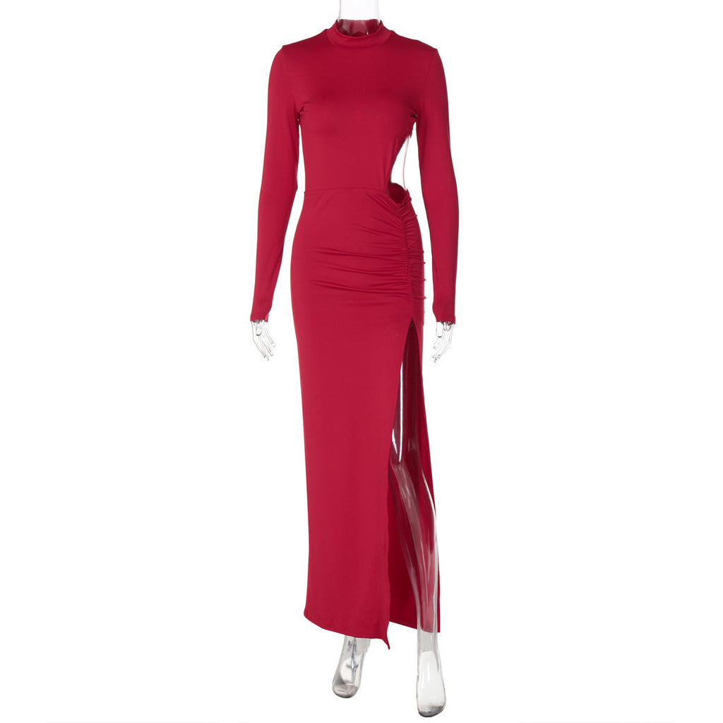 Solid Color Cutout Split Dress Pleated Slim Fit