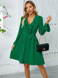 Elegant Graceful Lotus Leaf V Neck Long Sleeve Dress