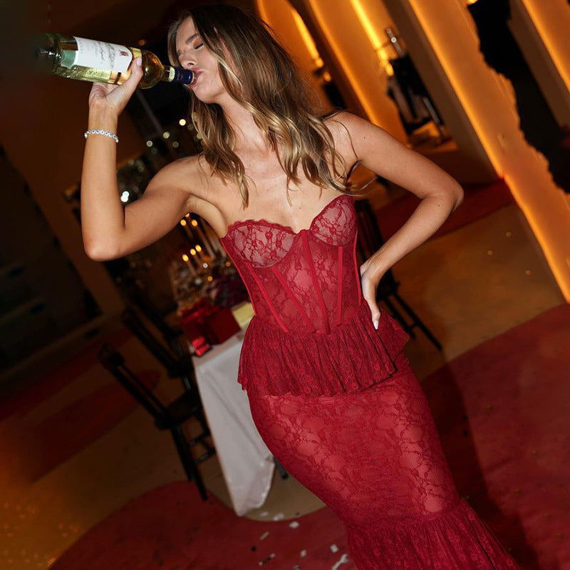 Lace See through Tube Top Fishtail Dress Tight Night Club Long Dress