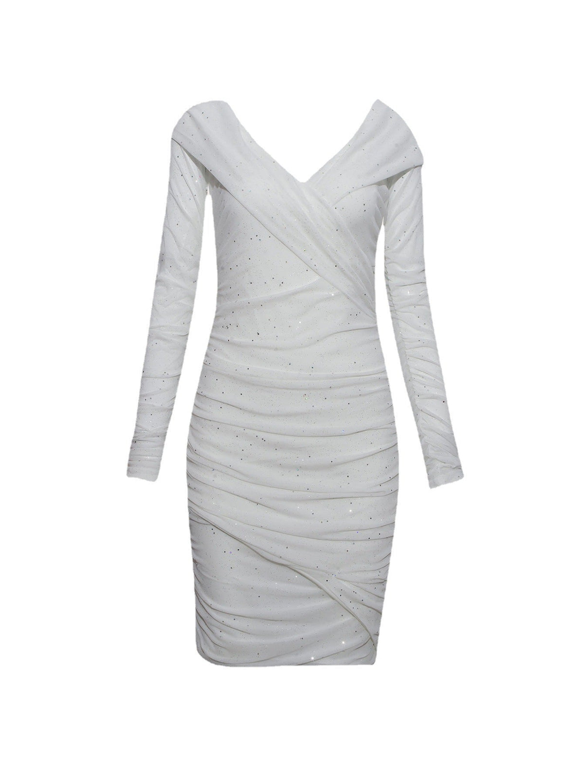 Deep V Plunge Evening Dress Dusting Powder off Shoulder Sheath Long Sleeve Dress