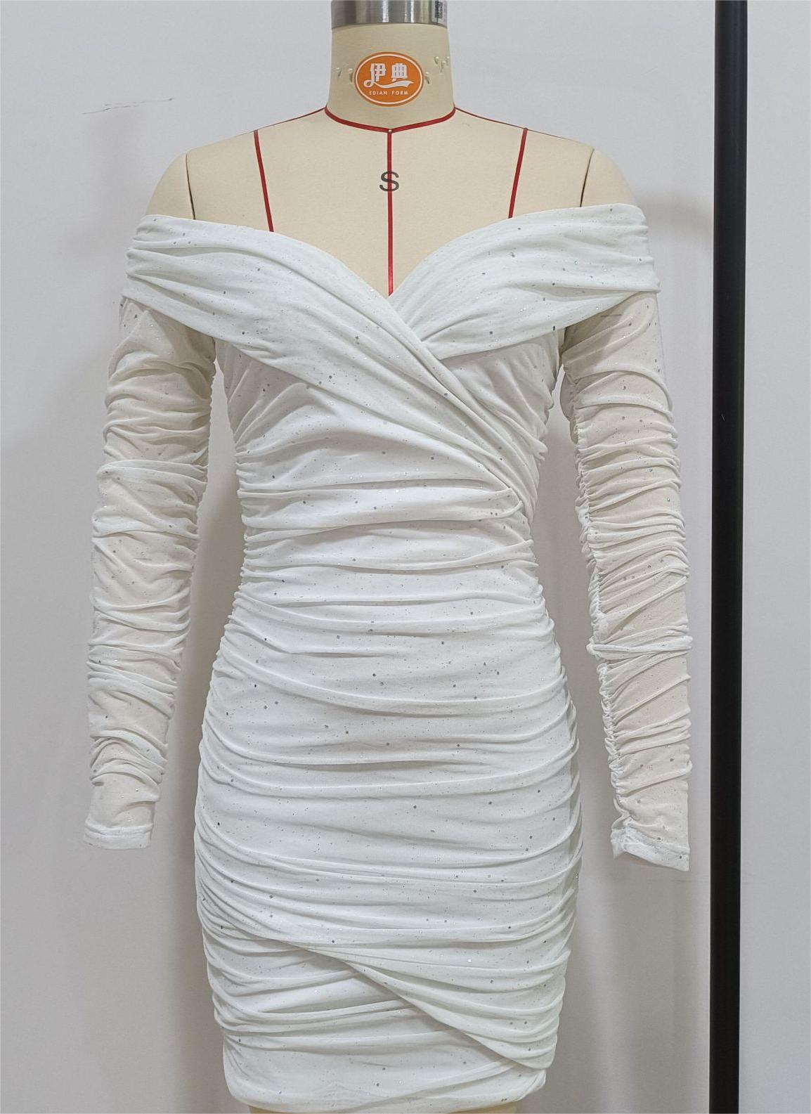 Deep V Plunge Evening Dress Dusting Powder off Shoulder Sheath Long Sleeve Dress