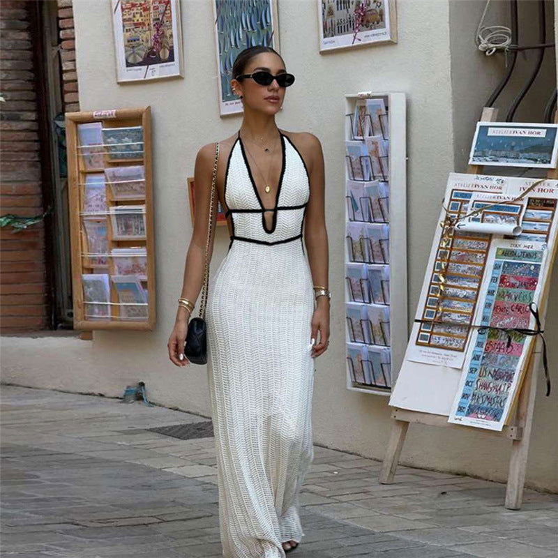 Color Contrast V Neck Halter Lace Up Backless Knitted Dress
