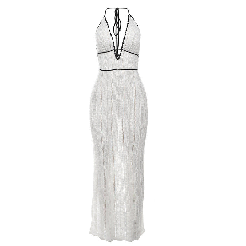Color Contrast V Neck Halter Lace Up Backless Knitted Dress