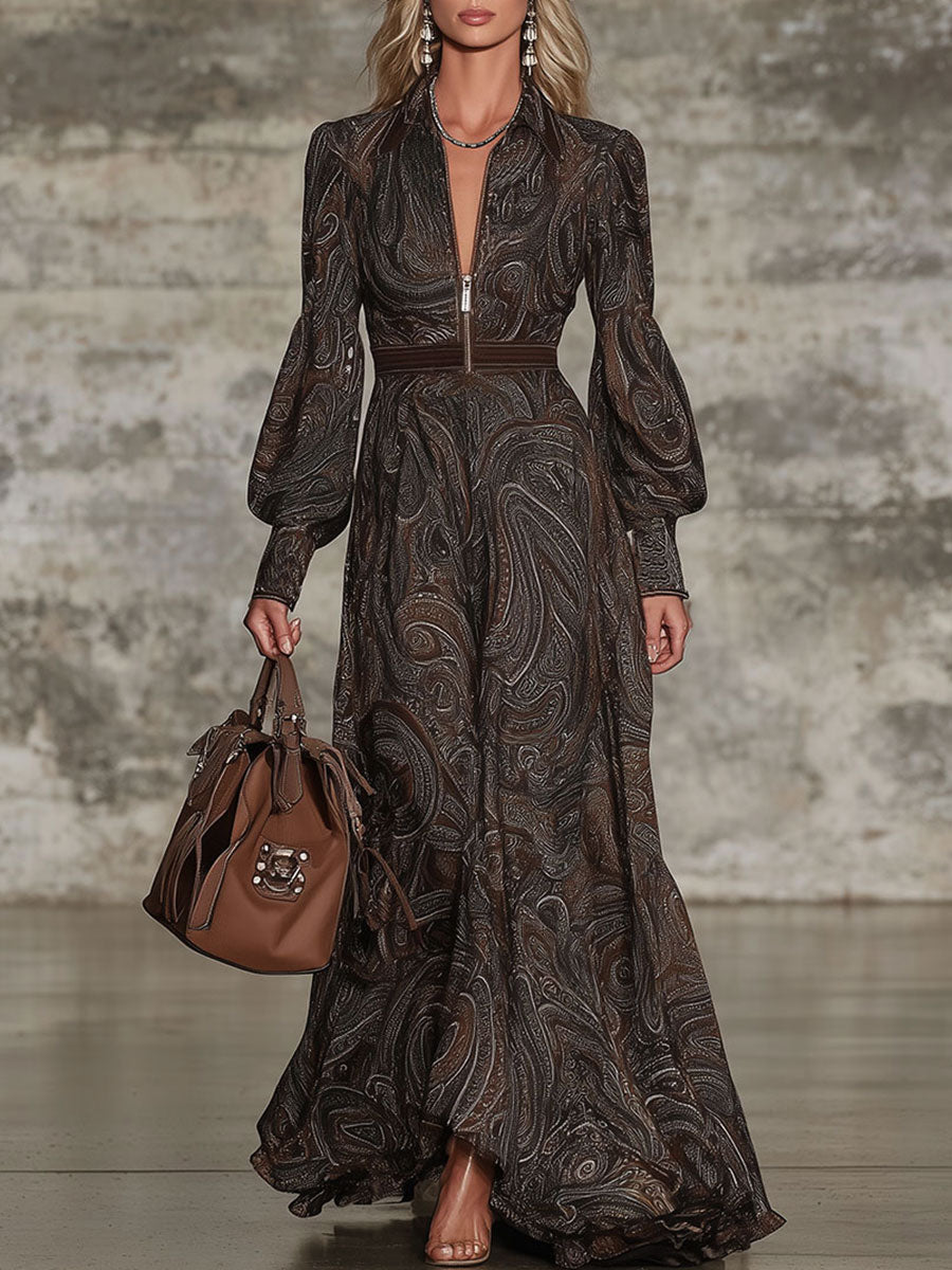 Fashion Retro Paisley Pattern Zipper Maxi Dress