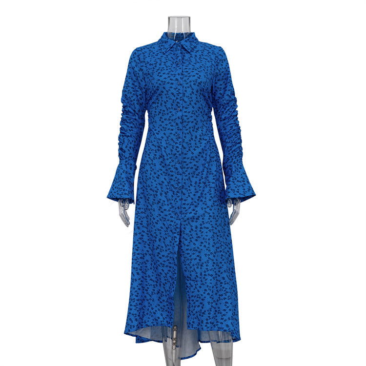 Blue Floral Shirt Dress Collared Bell Sleeve Pleated Design Dress