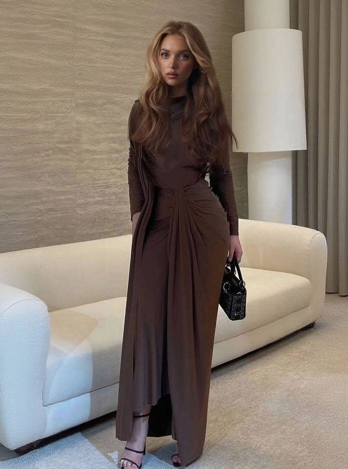 Asymmetric Design Pleated Long Sleeve Maxi Dress