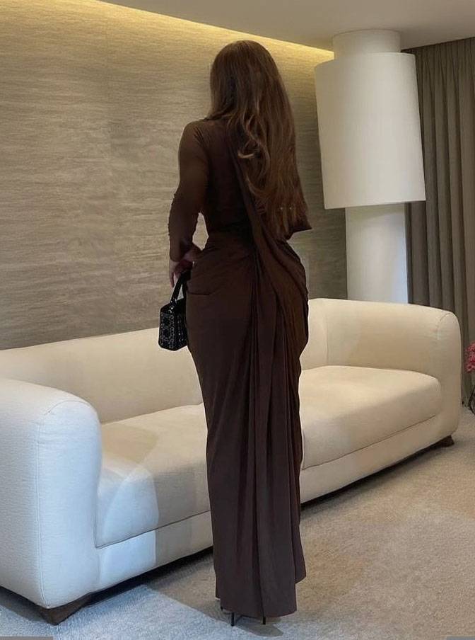 Asymmetric Design Pleated Long Sleeve Maxi Dress