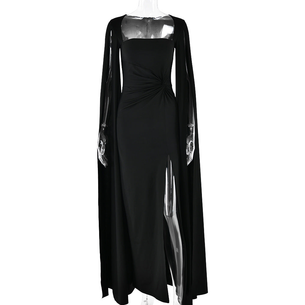 Dress Square Collar Mop Long Sleeve High Slit Solid Color Dress