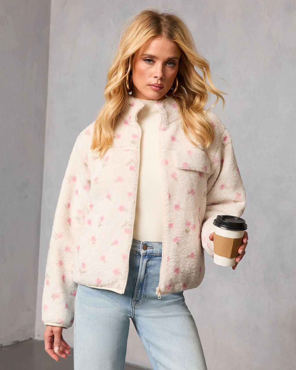 Winter Petal Printed Teddy Jacket