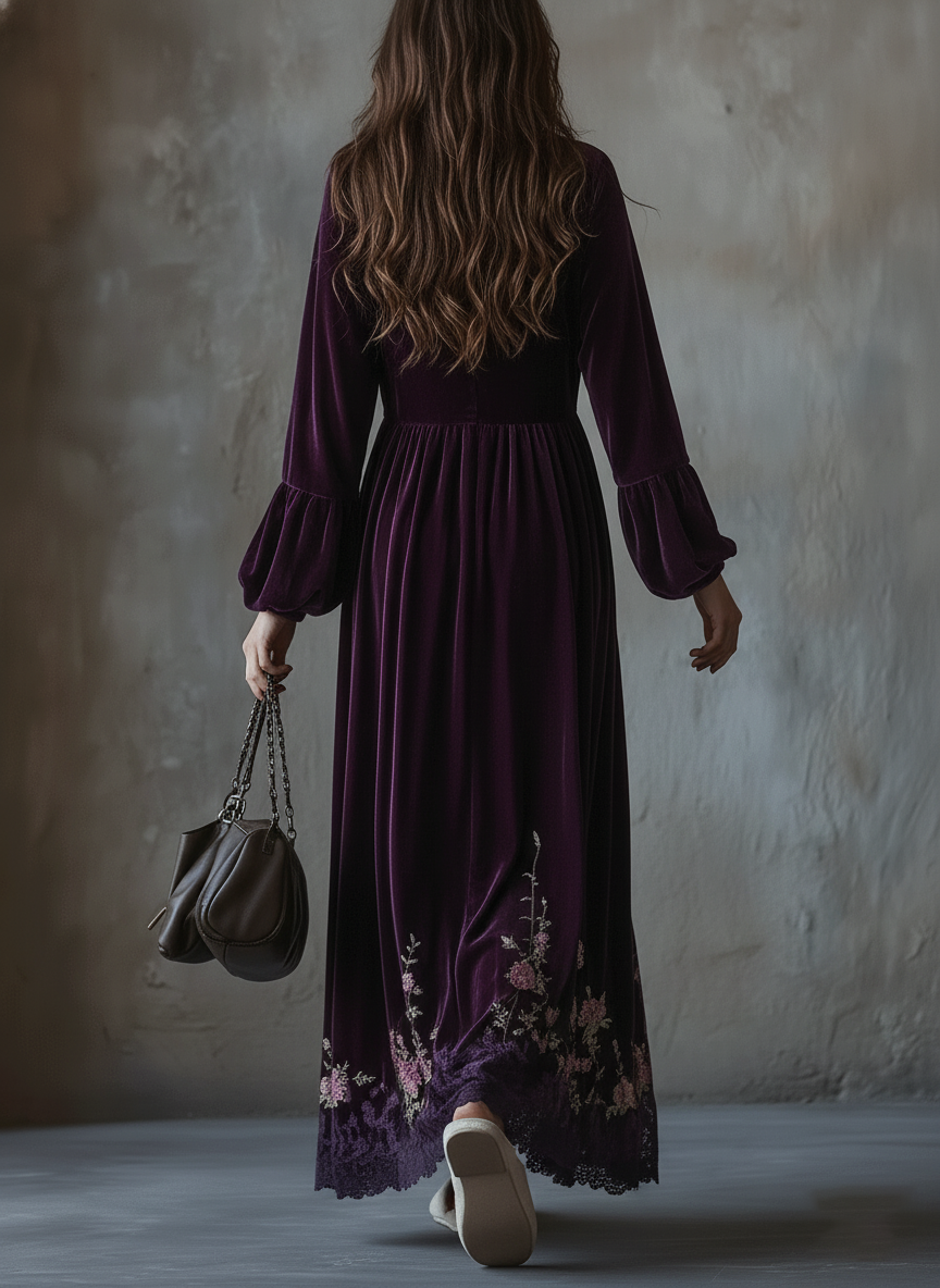Vintage Floral Embroidered Velvet Maxi Dress