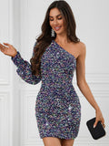 One Shoulder Long Sleeve Sequ Dress Party Dress