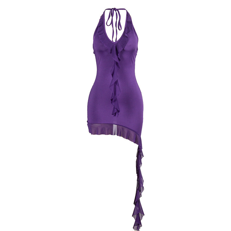 Solid Color Sleeveless Halter Lace Up Wooden Ear Mesh Stitching Dress