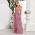 Embroidery Pattern Tied V neck U Back Zipper Large A Hem Full Lining Party Evening Dress