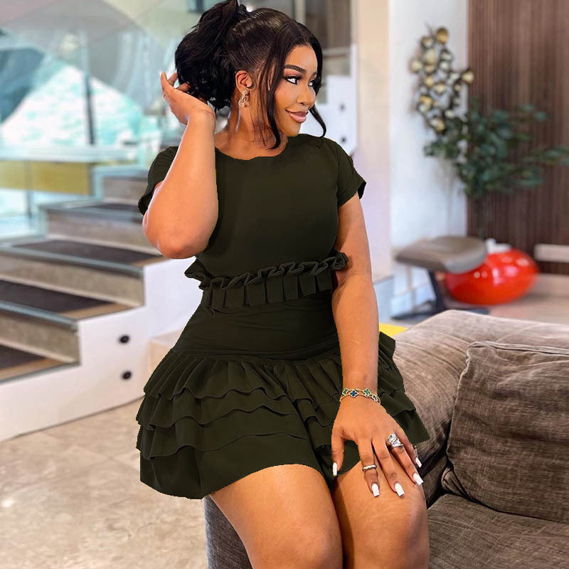 Solid Color Tight Sweet Fresh Pleated Skirt Short Sleeve round Neck Short Dress