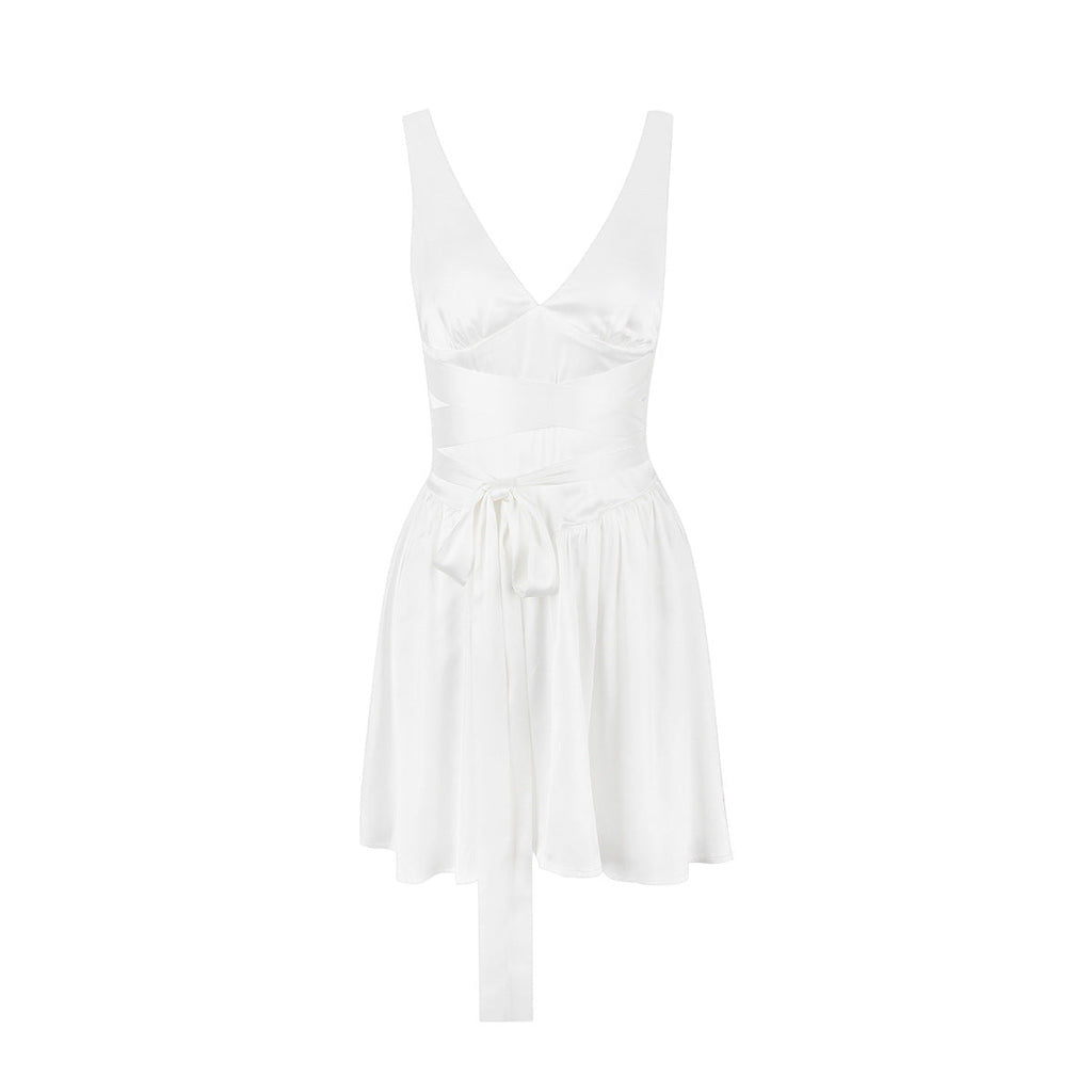 Dress Deep V Plunge Lace up Slim Fit Backless White Short Sleeveless