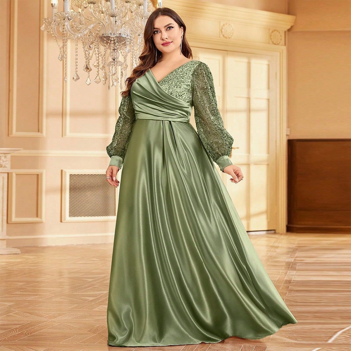 plus Size Satin V neck Long Sleeve Dress Slim Fit Maxi Dress Sequin Cocktail Evening