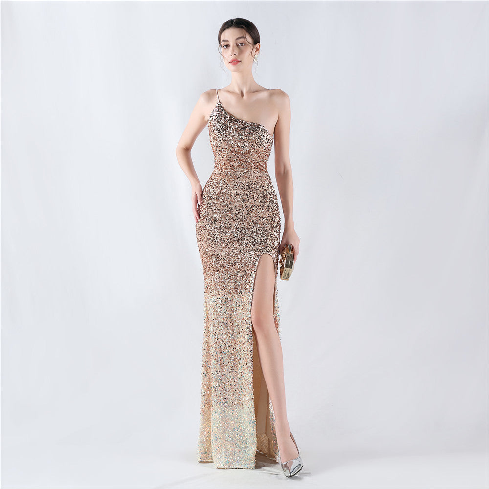Dress Velvet Bottom Gradient Sequin High Fork Oblique Shoulder Evening Dress