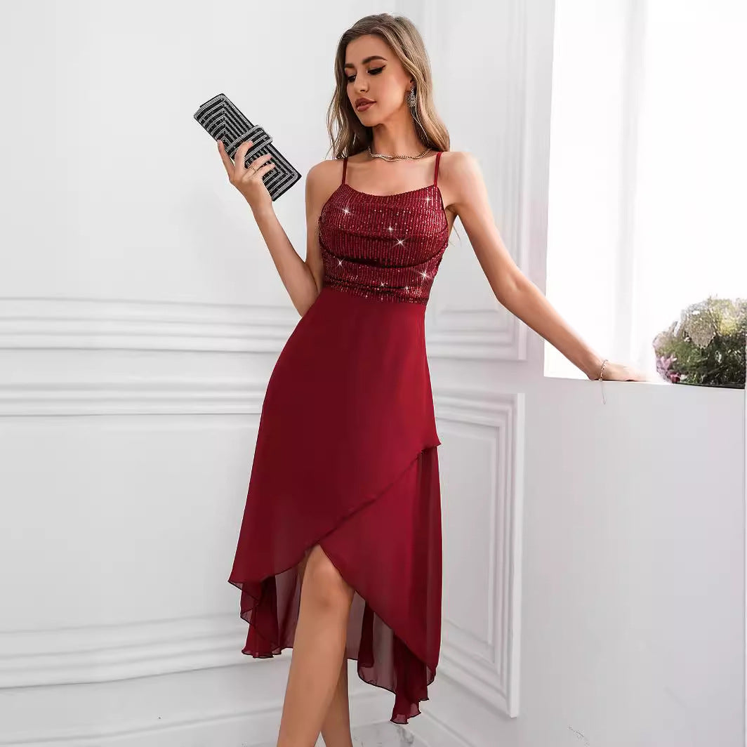 Sequined Suspender Chiffon Patchwork Dress Evening Dress