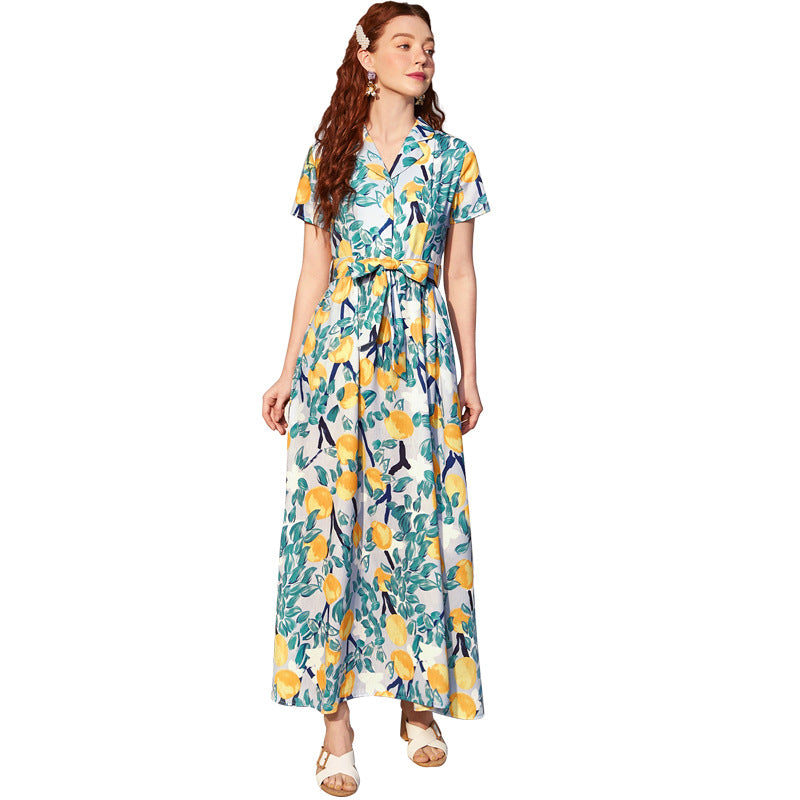 Printed V neck Short Sleeve Belt Maxi Dress Long Sweet Dress