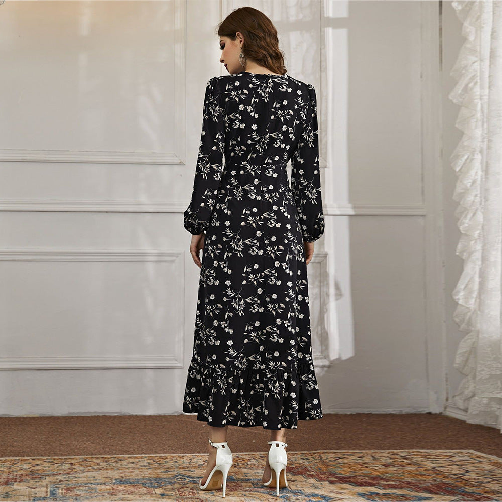 Fall Arrival V neck Small Floral Dress Long Sleeve Black Maxi Dress